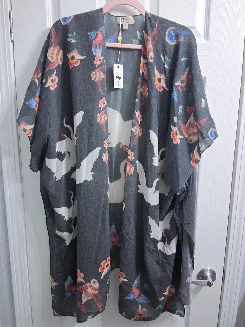 JC Sunny Cotton Kimono Coverup Japanese Crane Print OS